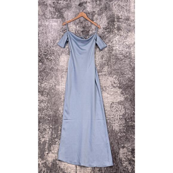 New BHLDN Dress 0 Womens Anthropologie Ira Blue Satin Off The Shoulder Maxi Gown - Picture 1 of 9